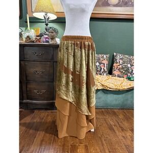 Boho Burnout Velvet Layered Maxi Skirt Brown Olive Fairycore Cottagecore Tiered
